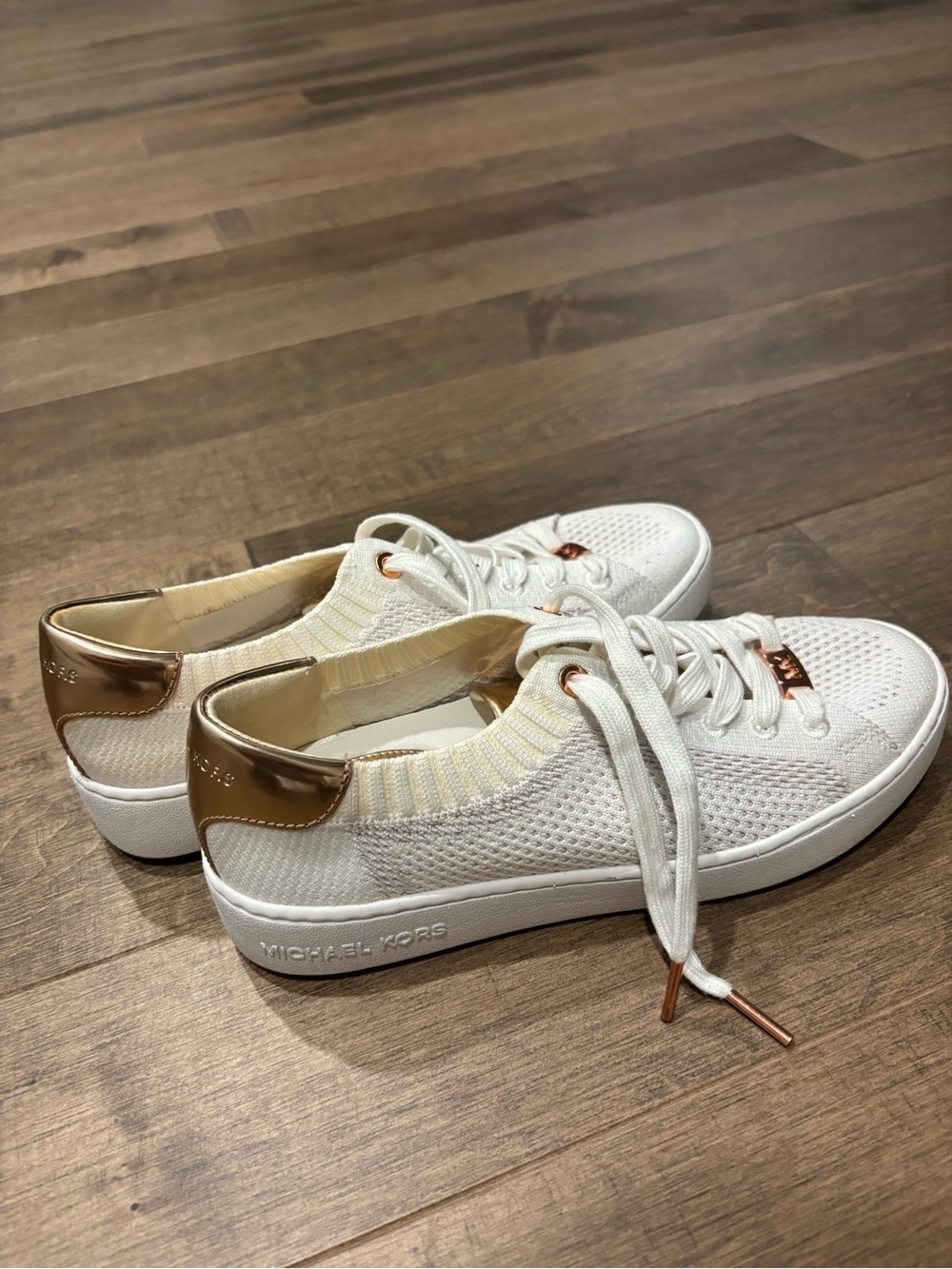 Michael Kors White Knit Low-Top Sneakers with Rose Gold Accents